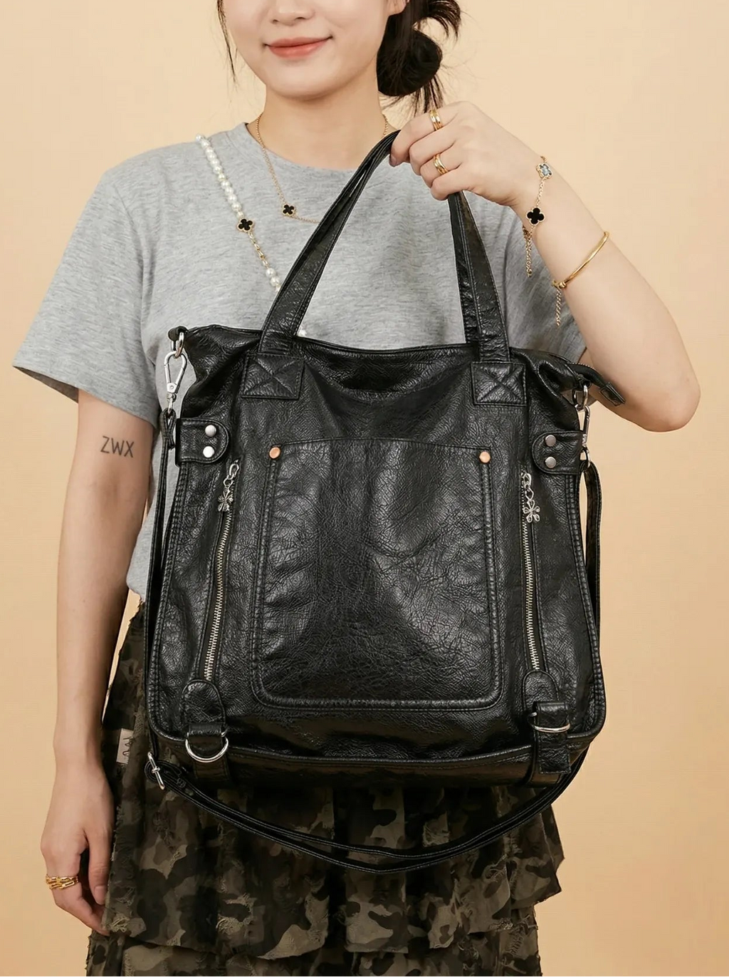 Sac Épaule Y2K Large en Cuir Vegan Noir