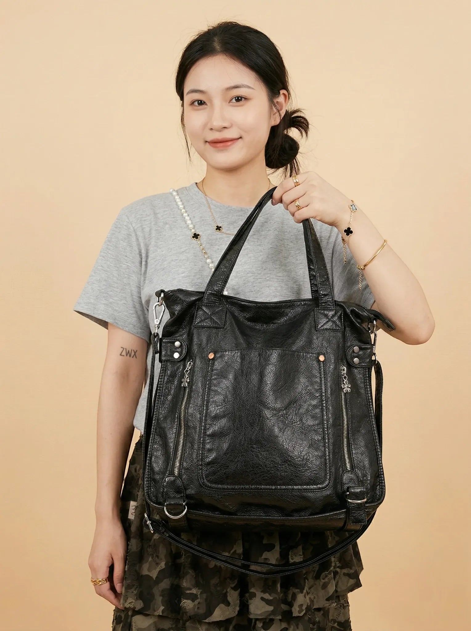 Sac Épaule Y2K Large en Cuir Vegan Noir