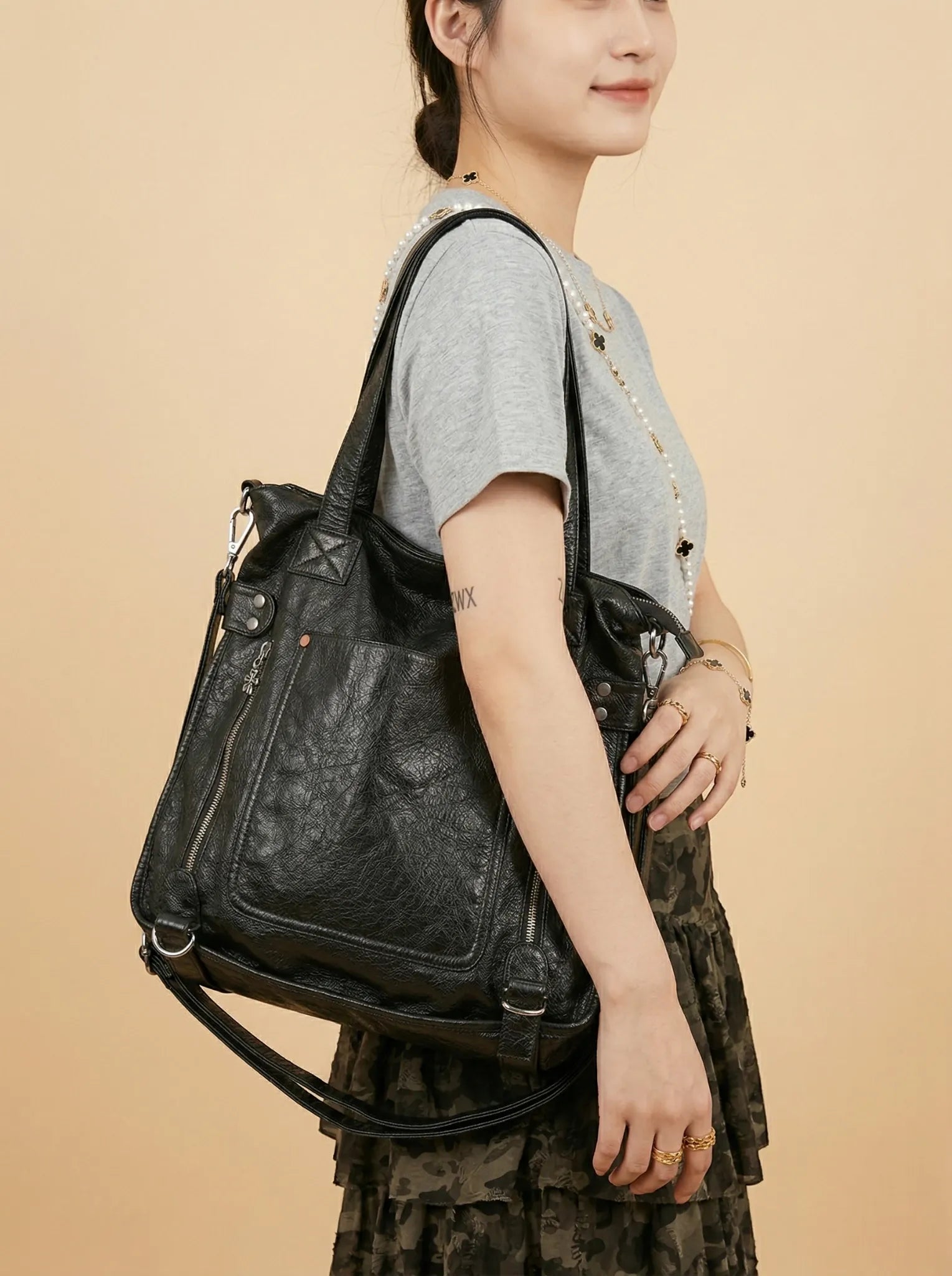 Sac Épaule Y2K Large en Cuir Vegan Noir