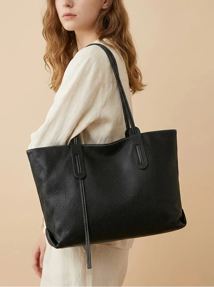 Sac Fourre-Tout Cuir Grainé Bicolore Noir