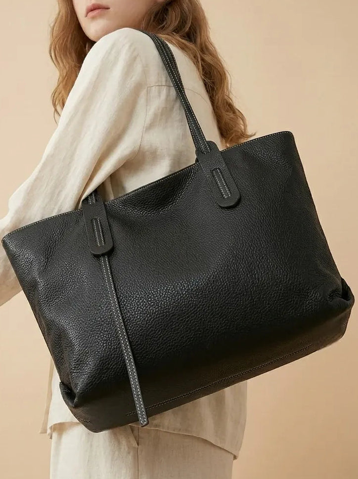 Sac Fourre-Tout Cuir Grainé Bicolore Noir