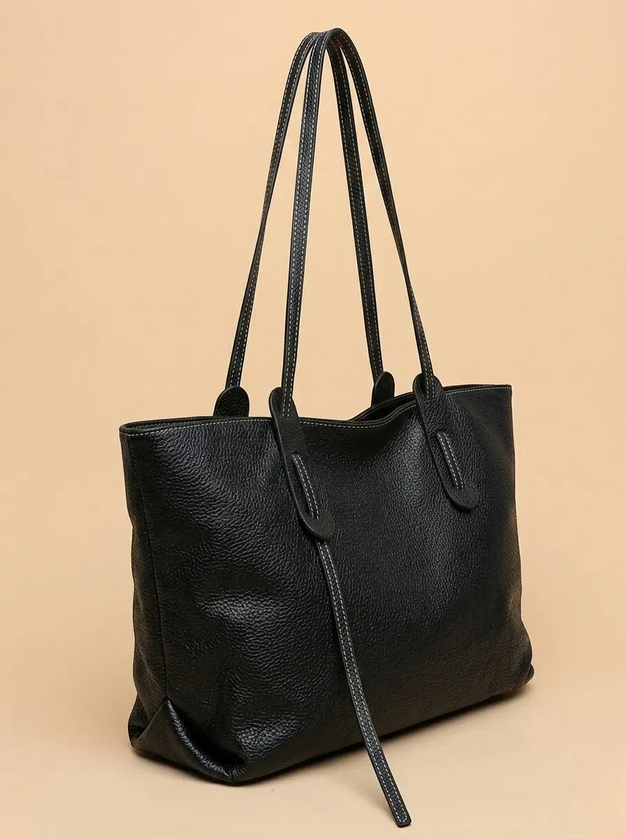 Sac Fourre-Tout Cuir Grainé Bicolore Noir
