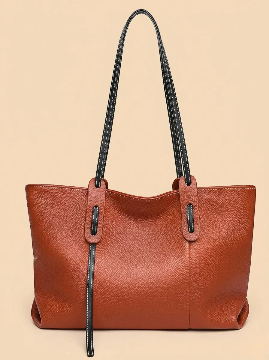 Sac Fourre-Tout Cuir Grainé Bicolore Marron
