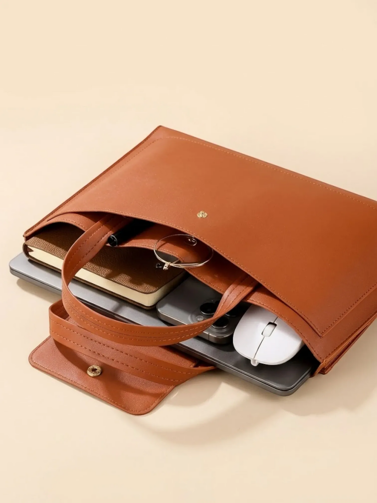 Sac Ordinateur Fin en Similicuir Camel