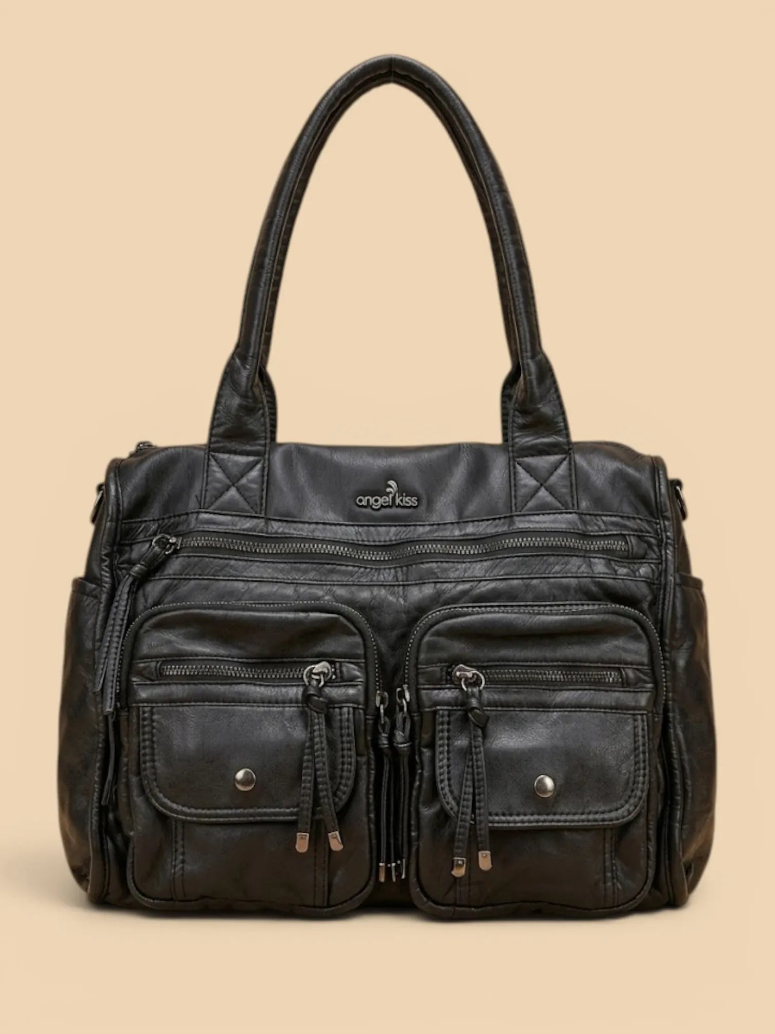 Sac Porté Épaule Cuir Noir Style Rock Noir