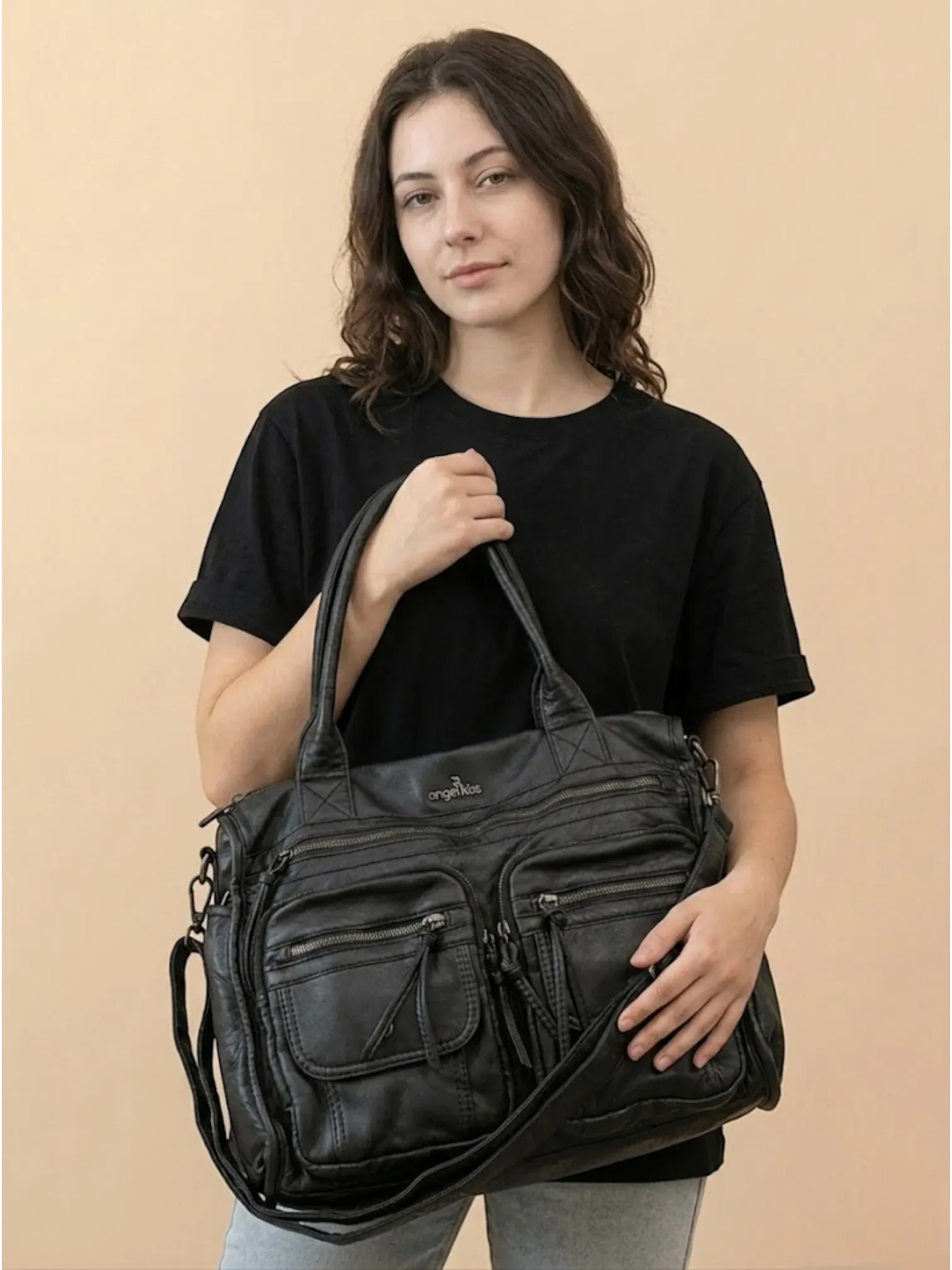 Sac Porté Épaule Cuir Noir Style Rock Noir