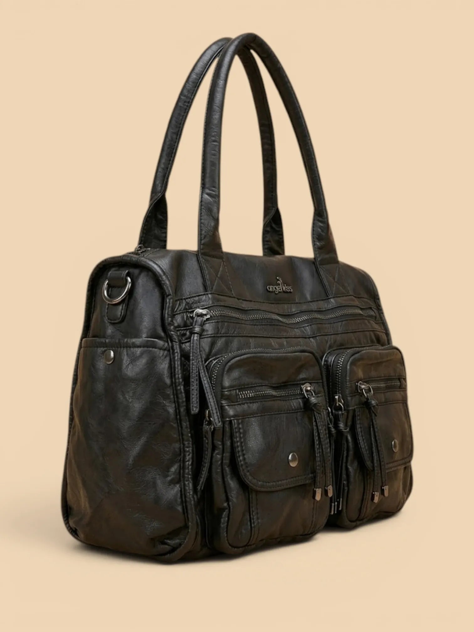 Sac Porté Épaule Cuir Noir Style Rock Noir