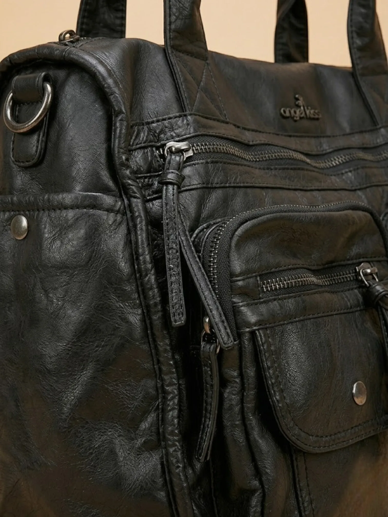 Sac Porté Épaule Cuir Noir Style Rock Noir