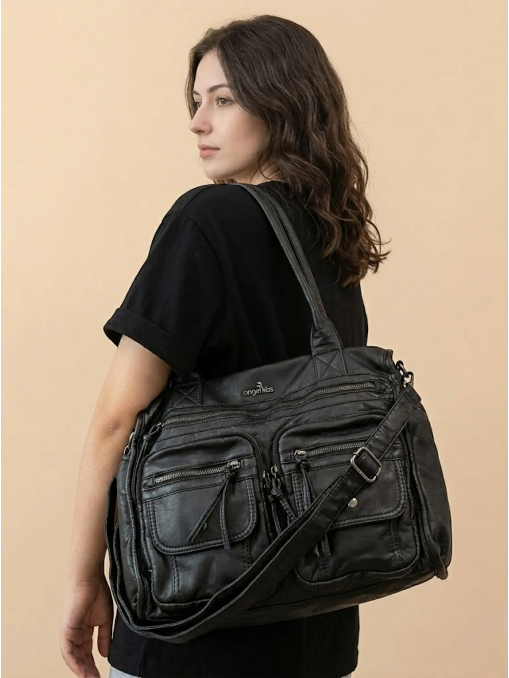 Sac Porté Épaule Cuir Noir Style Rock Noir