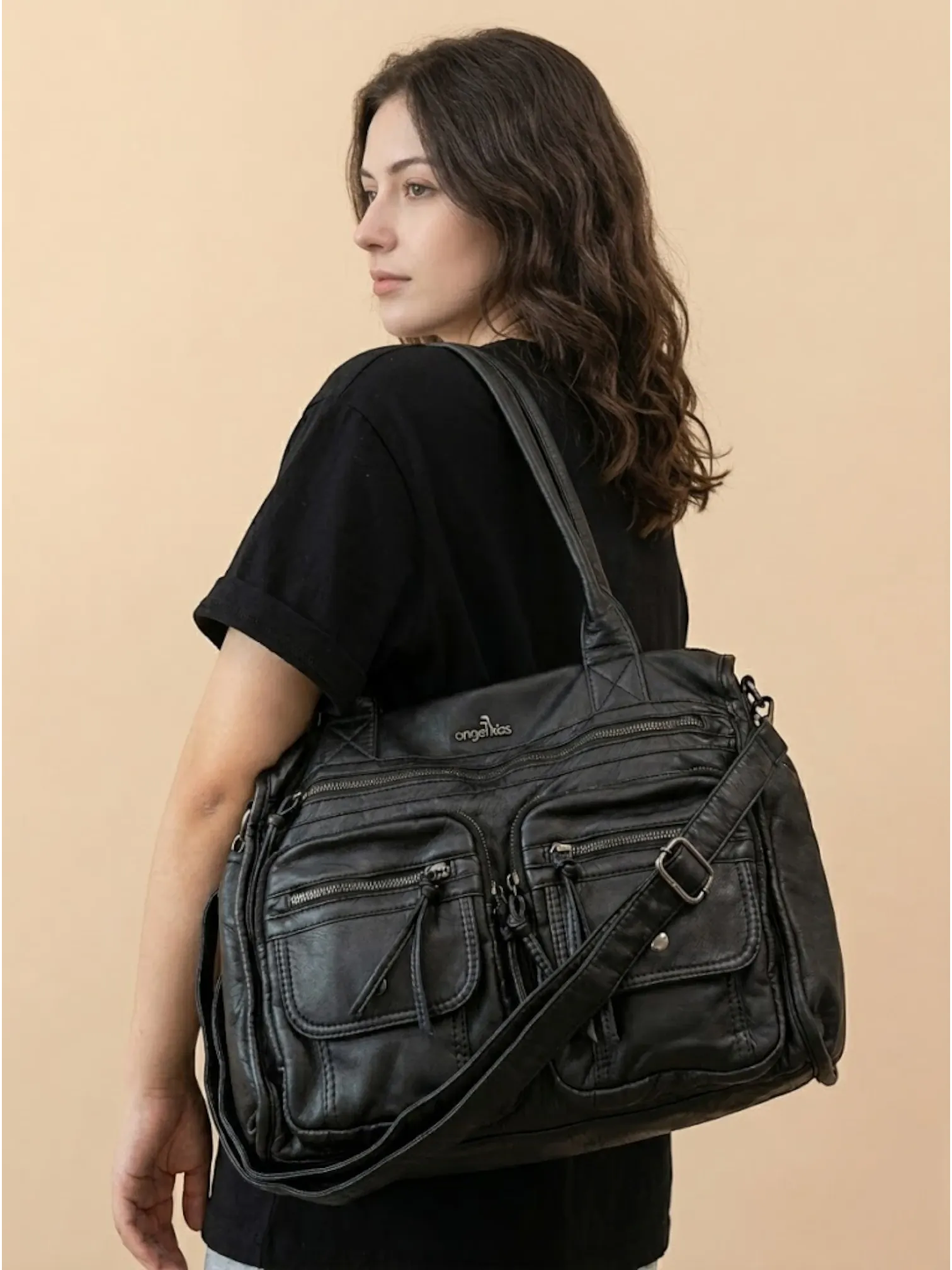 Sac Porté Épaule Cuir Noir Style Rock Noir