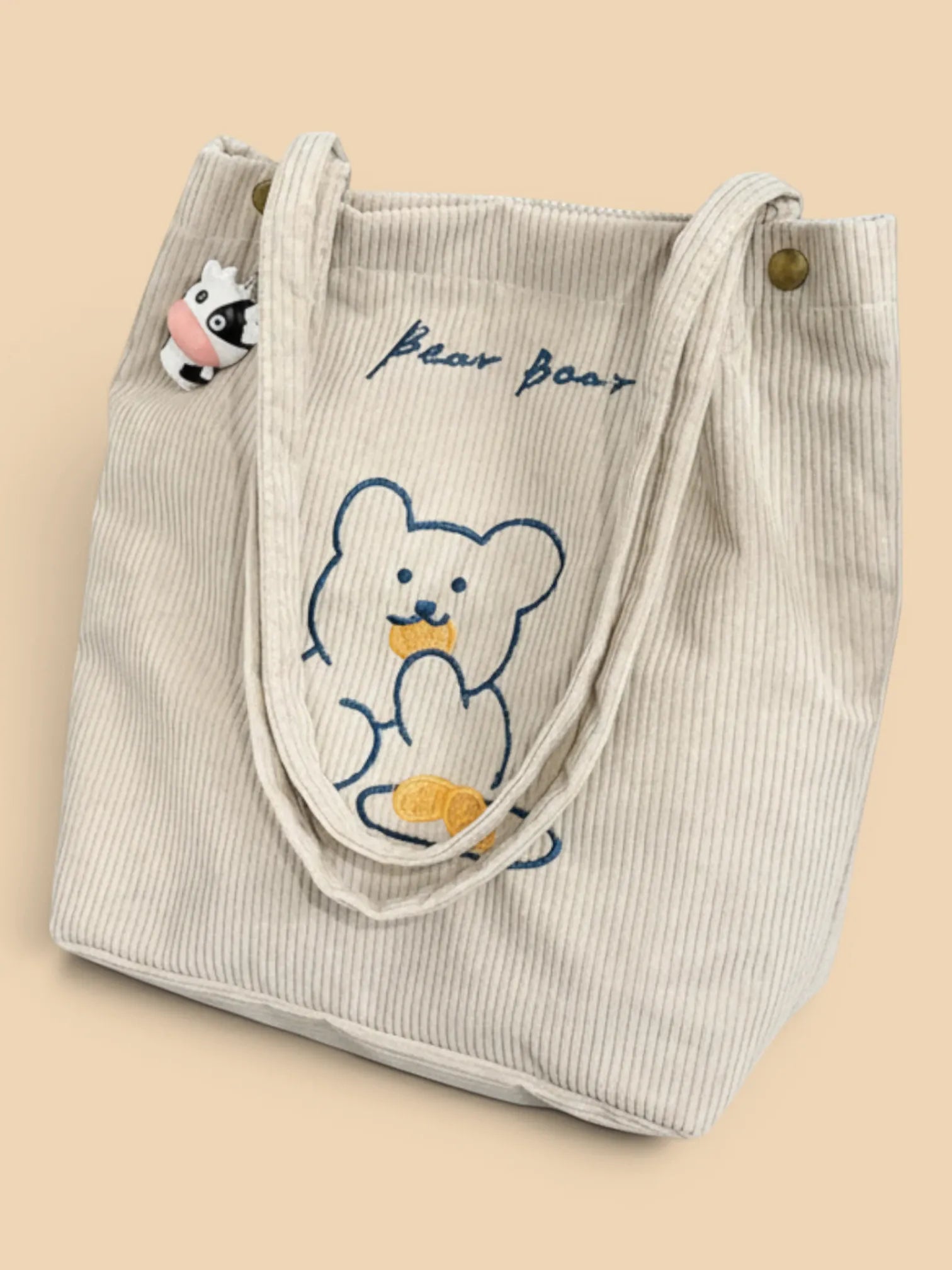 Tote Bag de Cours Ourson en Velours Beige