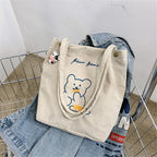 Tote Bag de Cours Ourson en Velours Beige