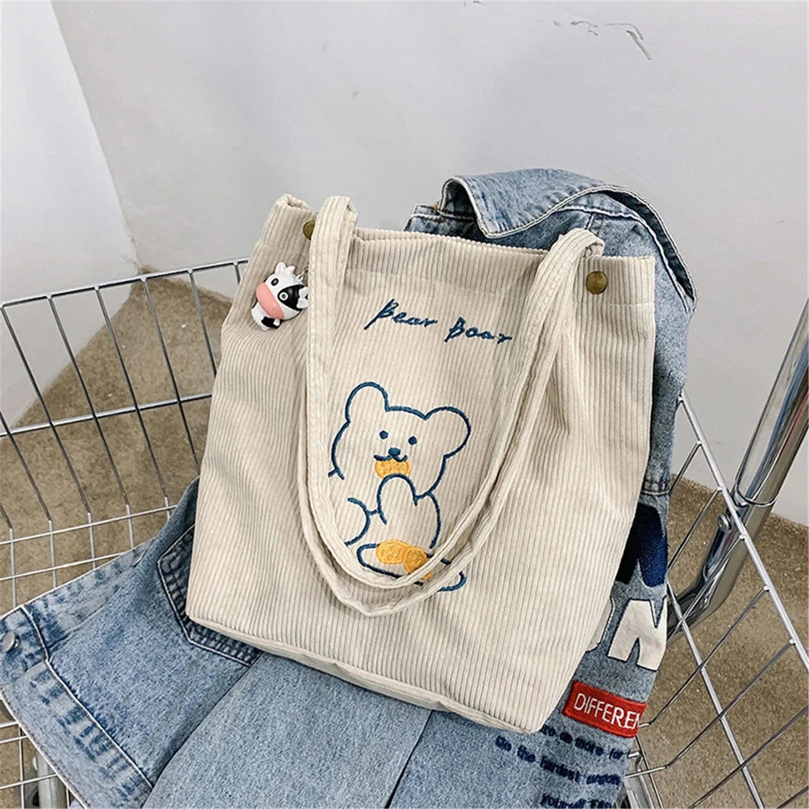 Tote Bag de Cours Ourson en Velours Beige