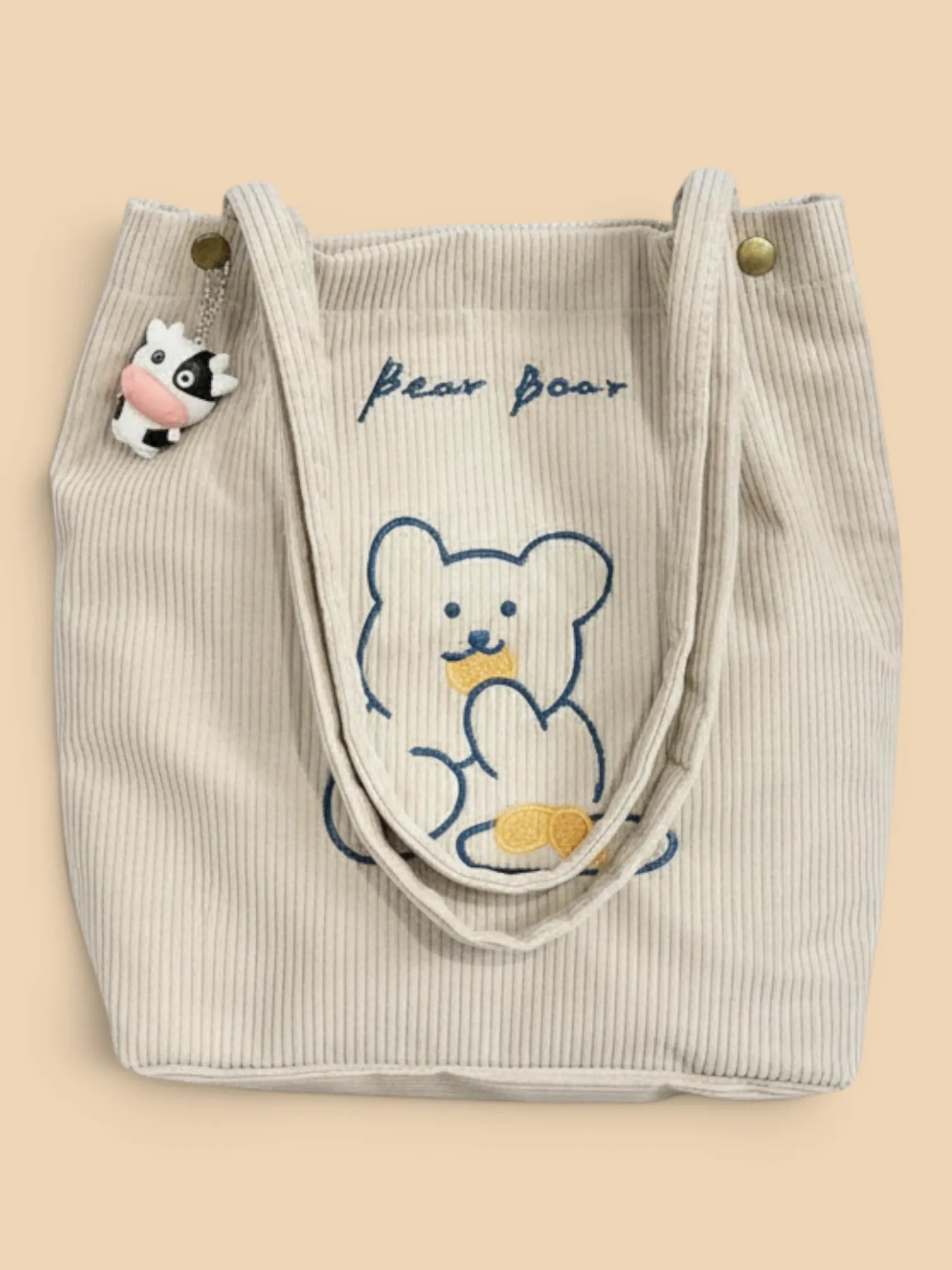 Tote Bag de Cours Ourson en Velours Beige
