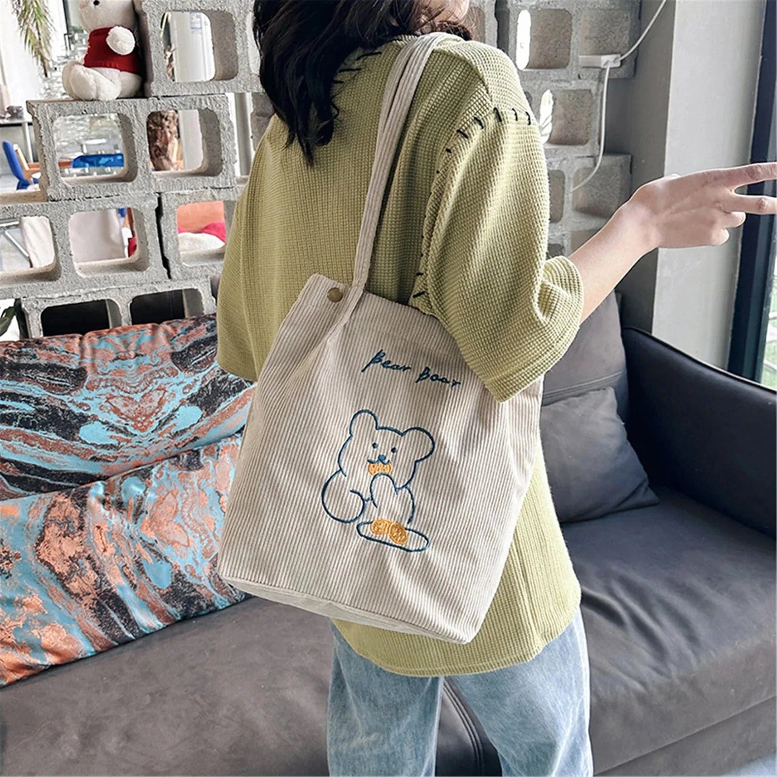 Tote Bag de Cours Ourson en Velours Blanc