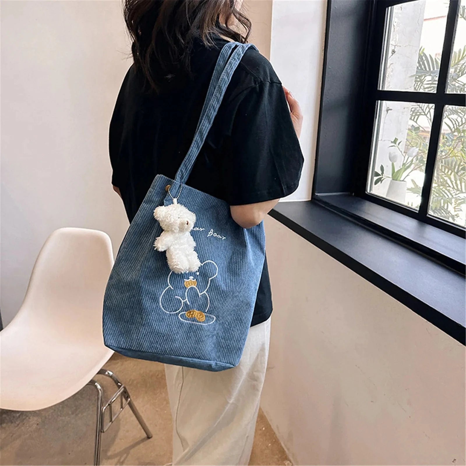 Tote Bag de Cours Ourson en Velours Bleu