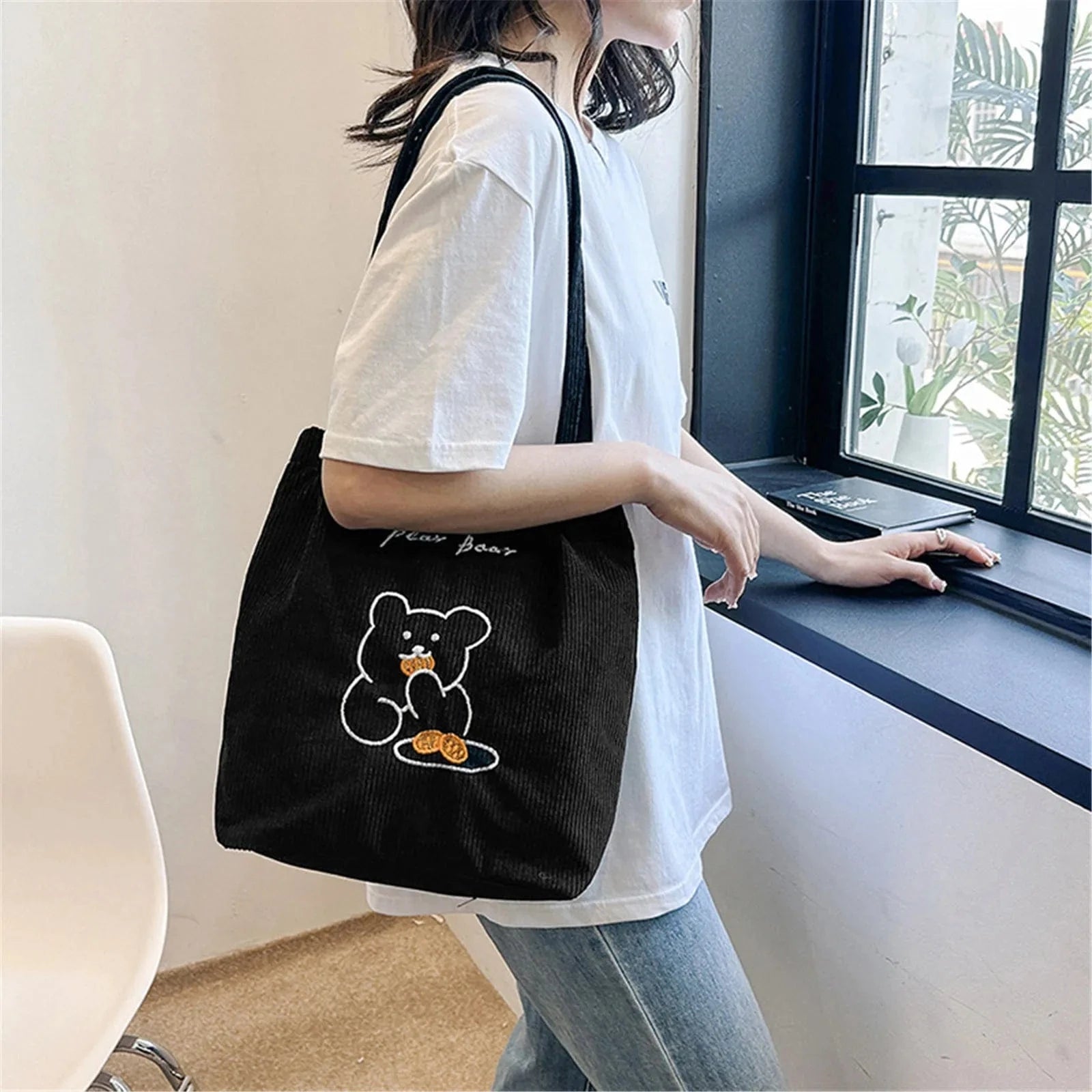 Tote Bag de Cours Ourson en Velours Noir