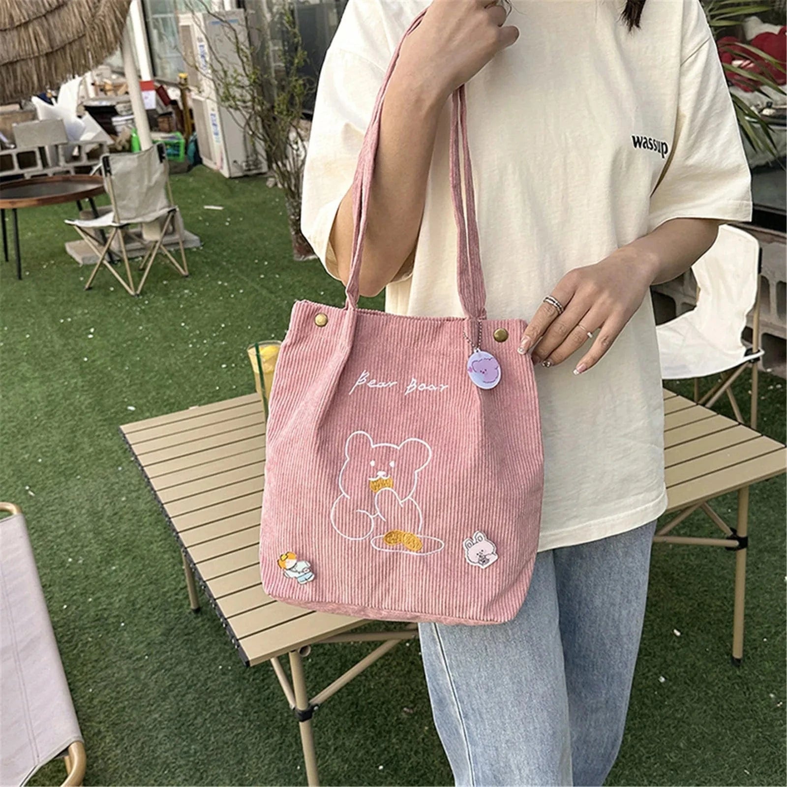 Tote Bag de Cours Ourson en Velours Rose