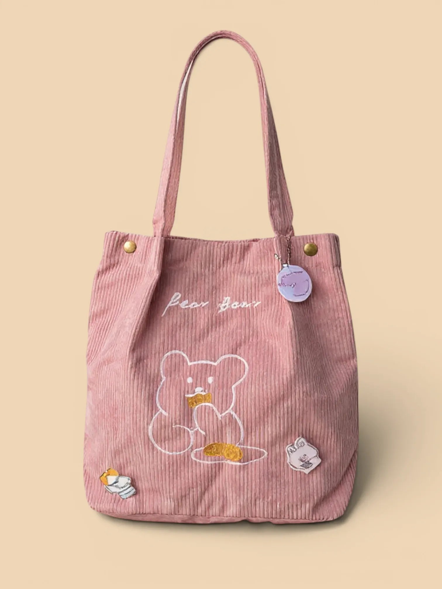 Tote Bag de Cours Ourson en Velours Rose