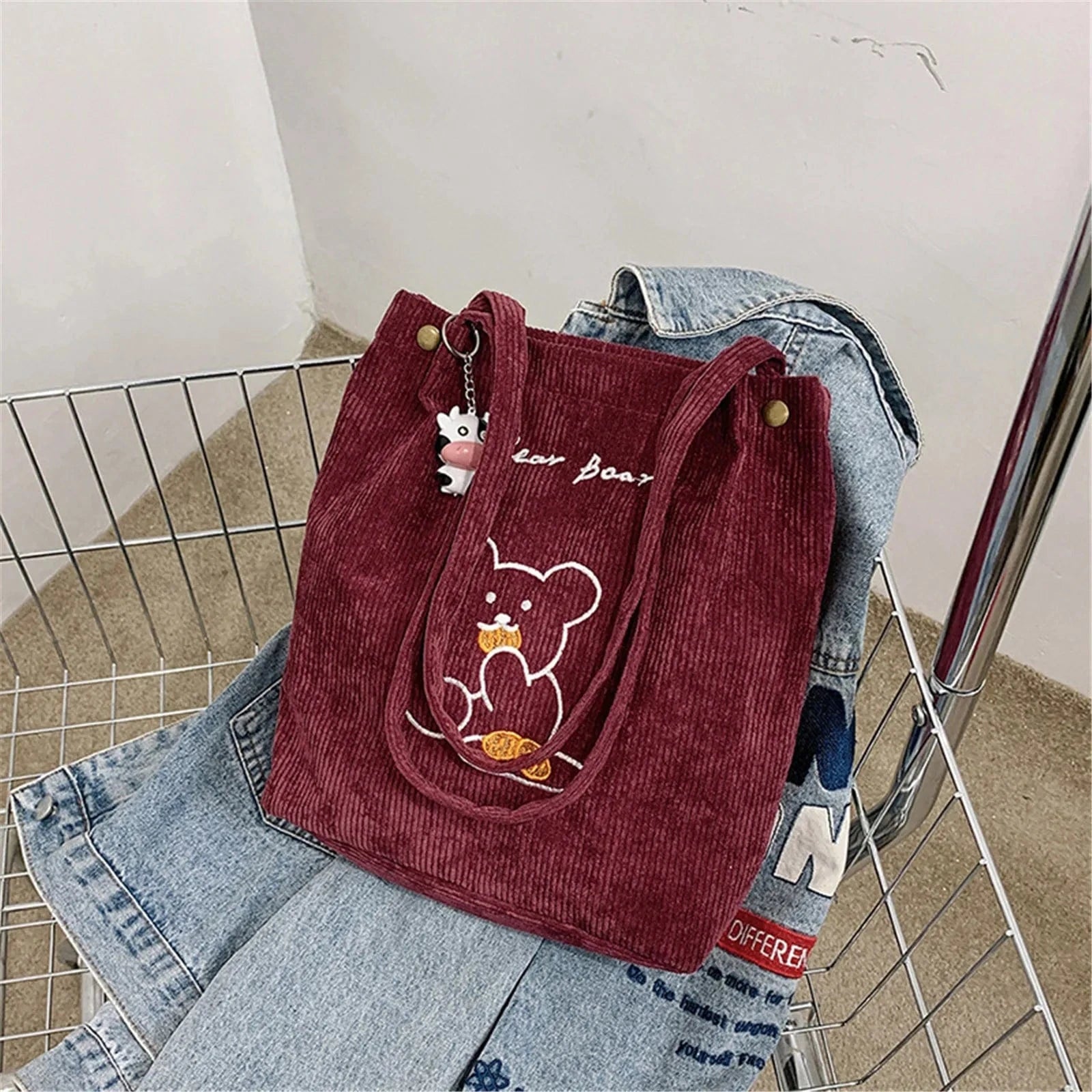 Tote Bag de Cours Ourson en Velours Rouge