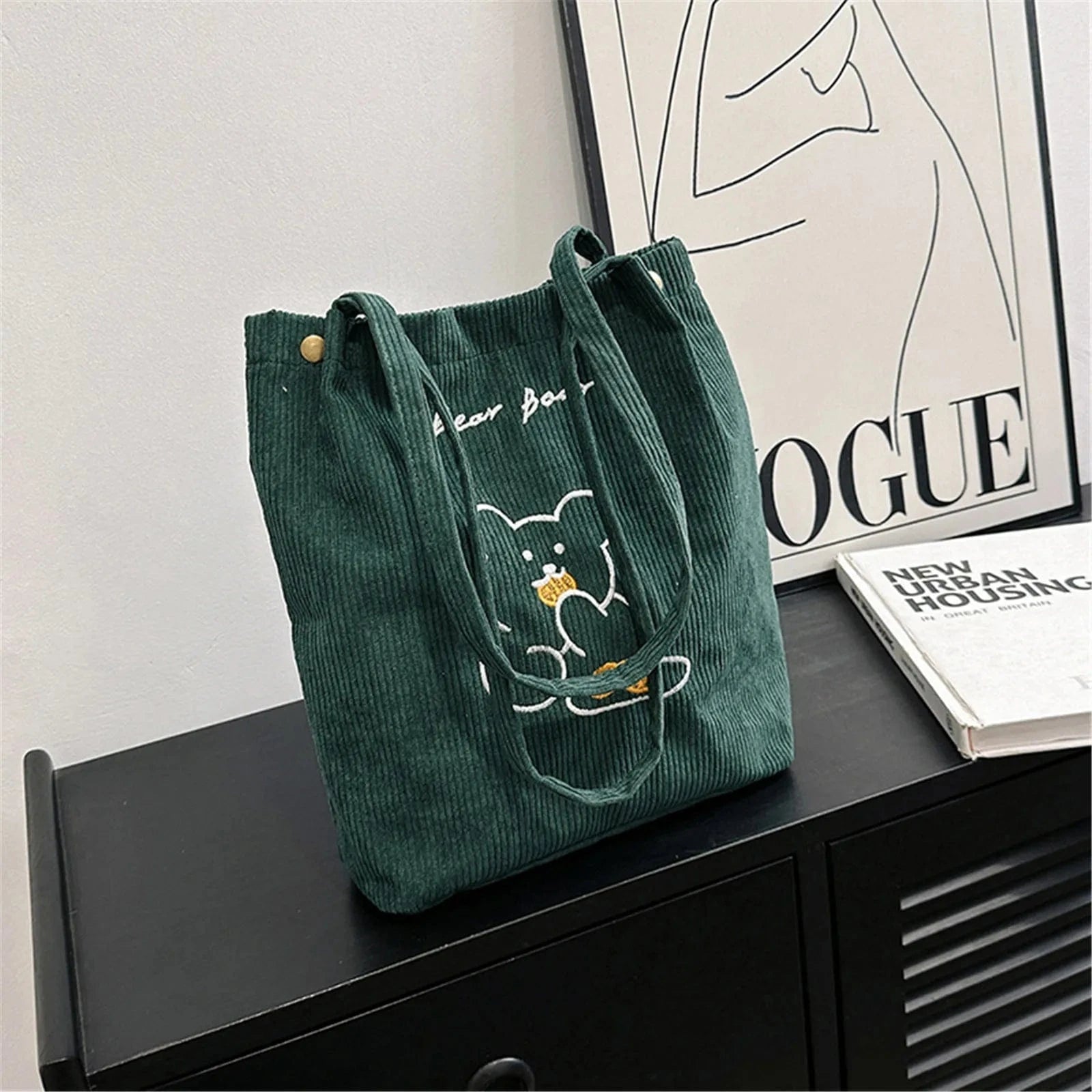 Tote Bag de Cours Ourson en Velours Vert