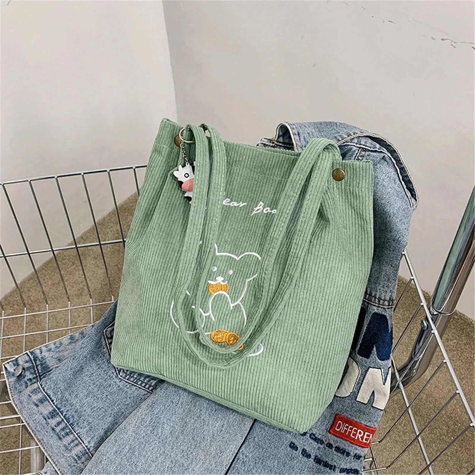 Tote Bag de Cours Ourson en Velours Vert claire
