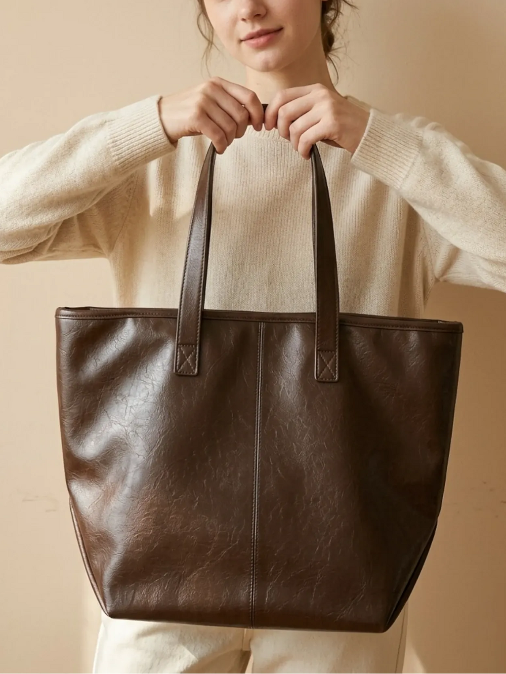 Tote Bag de Cours Simili Cuir Zippé Café