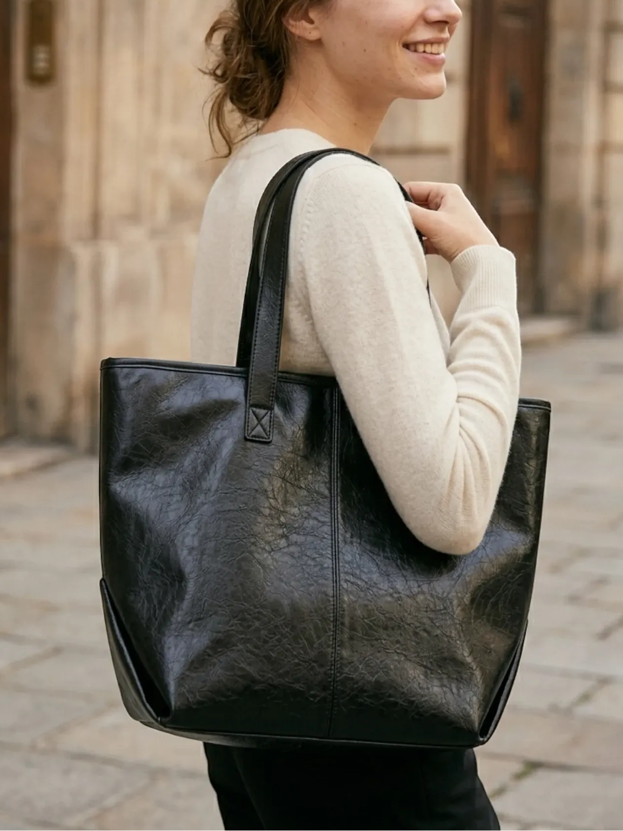 Tote Bag de Cours Simili Cuir Zippé Noir