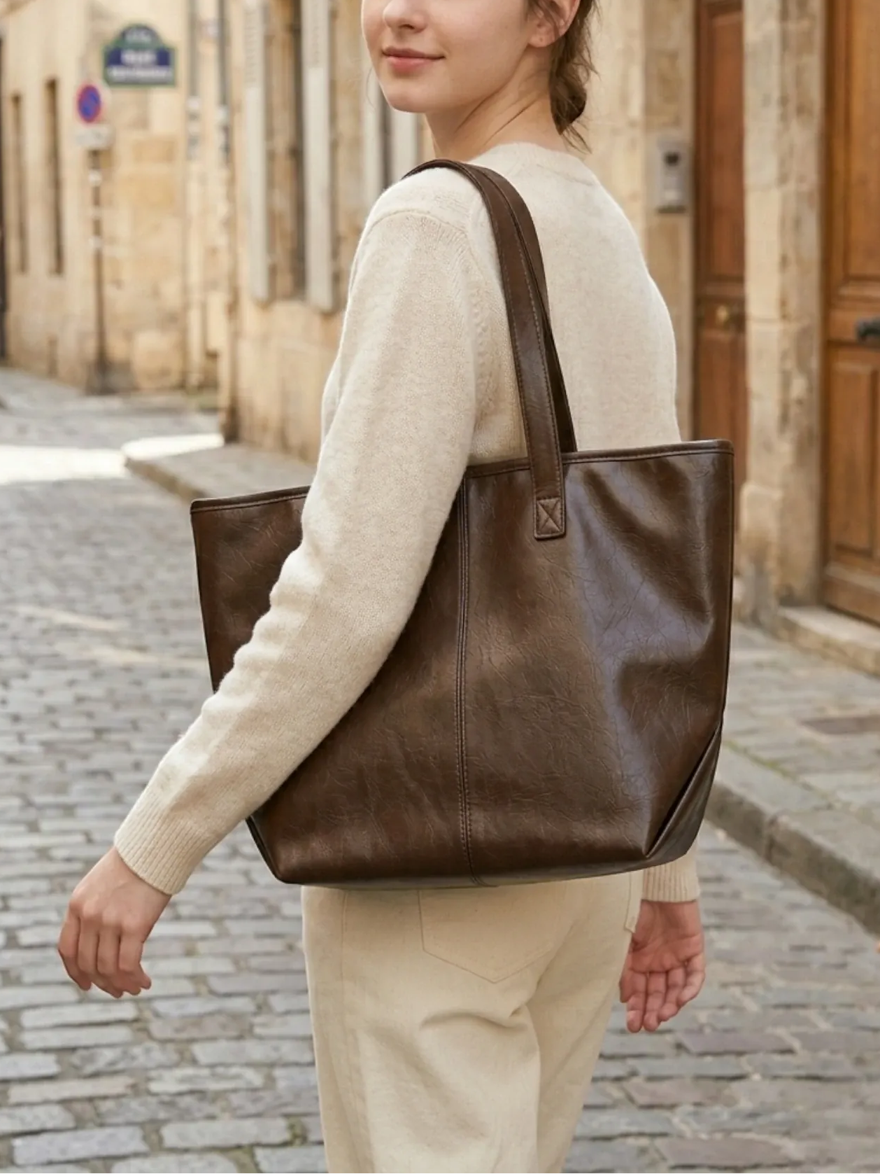 Tote Bag de Cours Simili Cuir Zippé Café